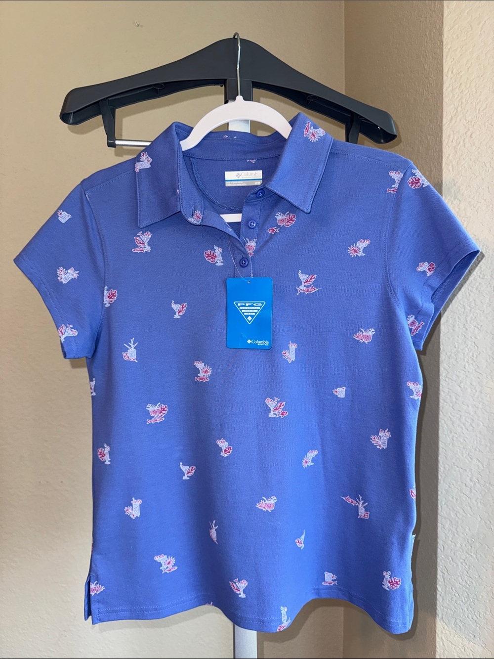Columbia PFG womans Royal Blue golf Polo with Pink Print NWT SZ-M